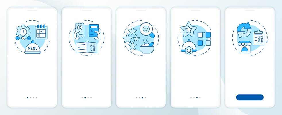 Steps of menu engineering blue onboarding mobile app screen. Walkthrough 5 steps editable graphic instructions with linear concepts. UI, UX, GUI template