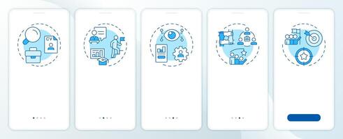 Line manager responsibilities blue onboarding mobile app screen. Walkthrough 5 steps editable graphic instructions with linear concepts. UI, UX, GUI template vector