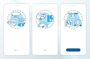Performance management tools blue onboarding mobile app screen. Walkthrough 3 steps editable graphic instructions with linear concepts. UI, UX, GUI template vector