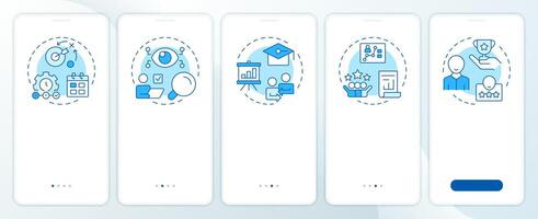 Performance management system blue onboarding mobile app screen. Walkthrough 5 steps editable graphic instructions with linear concepts. UI, UX, GUI template vector