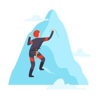 Man climbs snowy mountain illustration isolated on white background. vector
