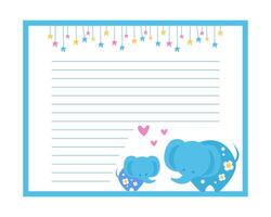 Cute Paper Page with Elephants, Lined Sheet, Notebook, Diary, School Notes, Workbook Design Element Illustration vector