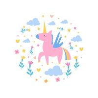 Magic Unicorn with Clouds and Flowers of Round Shape, Cute Childish Poster, Greeting or Invitation Card, Print for T-shirt Design Element Illustration vector