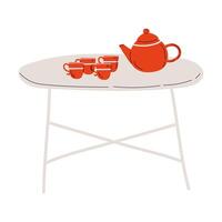 Folding Tea Table with Red Cups and Teapot Illustration vector