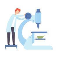 Scientist sets up a huge microscope. illustration. vector