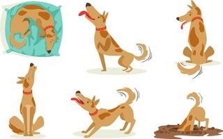 Collection of Funny Brown Dog in Different Situations Set, Cute Animal Character Playing, Barking, Digging Cartoon Illustration vector