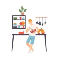 Man with a whisk and a bowl in his hands in the kitchen. illustration. vector