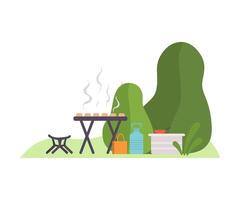 Barbecue on the background of trees at the campsite. illustration. vector