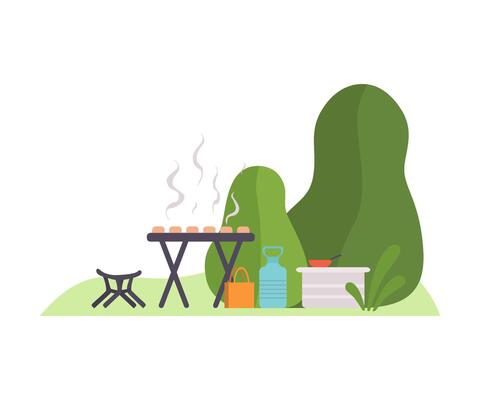 Barbecue on the background of trees at the campsite. illustration.
