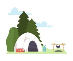 White tent and hearth in the meadow. illustration. vector