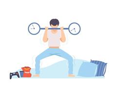 Man is trying to raise a barbell with a clock. illustration. vector