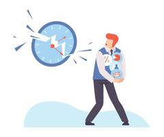 Man hides different icons from a huge clock. illustration. vector