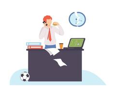 Man stands near the table and talks on the phone. illustration. vector