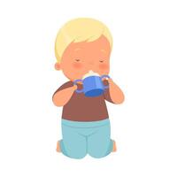 Boy drinks from a bottle with two handles. illustration on a white background. vector