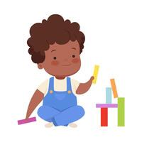 Boy is building from colorful blocks. illustration on a white background. vector
