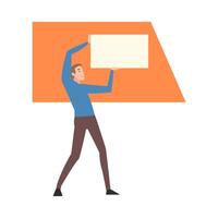 Young Man Holding and Organizing Abstract Rectangular Geometric Shapes Illustration vector
