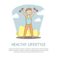 Healthy Lifestyle Banner with Space for Text, Active Young Man Exercising with Dumbbells, Landing Page, Website Template Cartoon Illustration vector