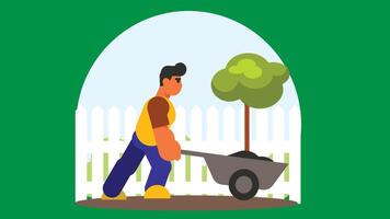 An illustration of a farmer planting a tree in a garden, surrounded by lush greenery vector