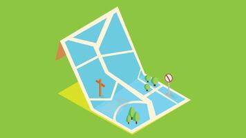 An isometric illustration of a map that is folded, revealing detailed geographic information vector