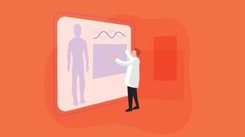 An illustration of a doctor analyzing patient diagnostics, likely looking at a screen or paper reports containing medical data vector
