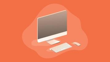 An isometric illustration of a computer setup, featuring a desktop monitor, keyboard, and mouse arranged in a 3D perspective vector