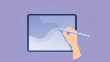 An illustration of a hand drawing on a graphic tablet, with the tablet screen displaying a creative design or artwork vector