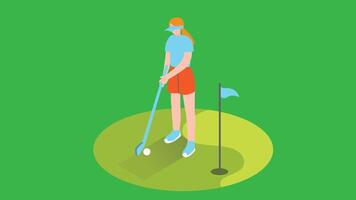 An illustration of a golf player in the midst of a swing, aiming to shoot the ball into the hole vector