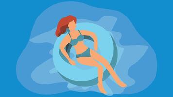 a woman relaxing in a floating tube in a pool. She is lounging comfortably, possibly with sunglasses and a relaxed posture vector