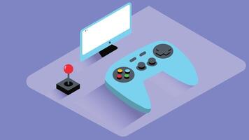 An isometric illustration of a game controller, shown in a 3D perspective. The controller could be designed with buttons, joysticks, and a sleek, modern layout vector