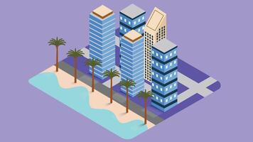 isometric illustration of a city building or skyscraper located on a scenic seaside vector