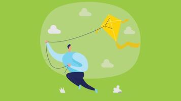 An illustration of a boy flying a kite in the sky, with the kite soaring high above. The boy is holding the kite string vector