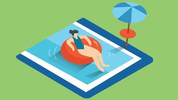 An illustration of a woman relaxing in a floating tube in a pool. She is lounging comfortably vector