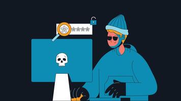 An illustration of a hacker attempting to breach a computer password. The hacker is depicted in a dark, shadowy setting, possibly wearing a hoodie vector