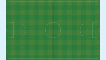 A top-down view illustration of a football field, showcasing a symmetrical layout with clearly marked boundaries, goal areas, center circle, penalty spots, and field lines vector