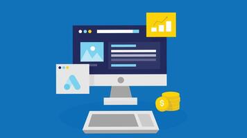 A flat design illustration of a computer with a website open on its screen. The website layout is minimalistic vector
