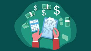 An illustration of an accountant, carefully calculating money and bills vector