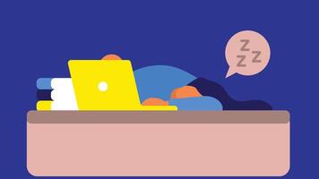illustration of a tired, sleepy freelancer sitting at a desk, possibly with a laptop or work materials in front of them vector