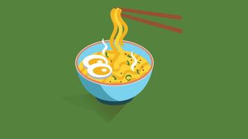 An isometric illustration of a bowl of noodles with a perfectly cooked egg on top. The noodles are delicately arranged, with the egg placed prominently in the center vector