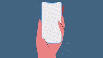 An illustration of a hand holding a mobile device displaying a map on its screen vector