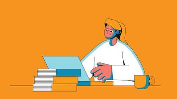 An illustration of a student studying, sitting at a desk with a laptop and books. The student is engaged in their studies vector