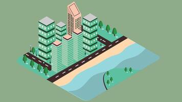 An isometric illustration of a city building or skyscraper located on a scenic seaside or shoreline vector