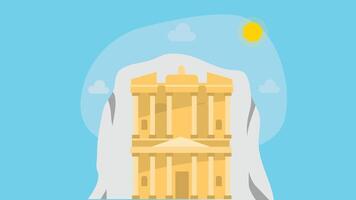 An illustration of Al-Batraa Temple, situated atop a majestic mountain, surrounded by rugged terrain and dramatic cliffs vector