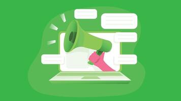 An illustration of a laptop with a speaker microphone emerging from the screen, symbolizing marketing vector