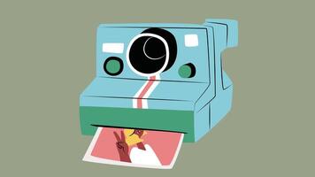 A vintage-style instant camera with a picture emerging from the front flat design vector
