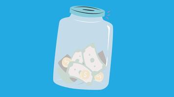 illustration of a clear money jar filled with coins and bills, symbolizing saving and financial planning vector