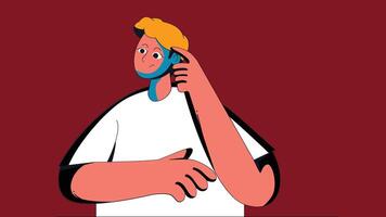 A thoughtful illustration of a boy pointing his hand to his head, a gesture often associated with thinking vector
