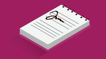 A sleek, open notebook with a neatly written signature on one of its pages vector