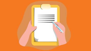 A flat design illustration of a hand holding a pen and writing on a notebook vector