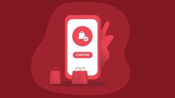 A flat design illustration of a mobile phone screen displaying a shopping cart icon, symbolizing the process of online shopping vector