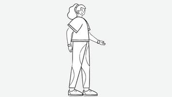 A minimalistic graphic of a girl standing alone, depicted in a clean and elegant outline style vector